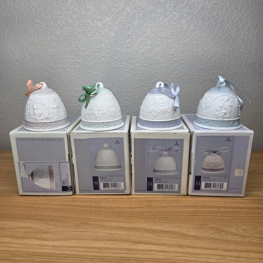 Lladro Christmas Bell Ornament Set 1991 1992 1993 1994 White Matte Porcelain